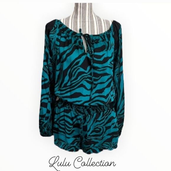 EUC | LULU COLLECTION | Blue & Black | Long Sleeve Romper - Picture 1 of 9